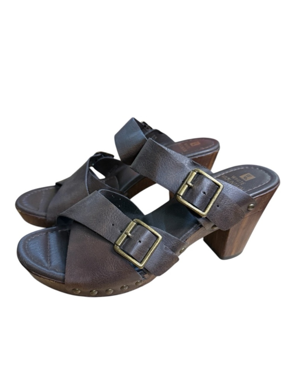 White Mountain Women’s Brown Faux Leather Buckle Heeled Clog Sandals Size 7.5